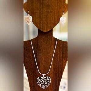 Retro Silver Tone Heart Necklace & Earring Set by Park Lane, c. 1990, Orig Box!